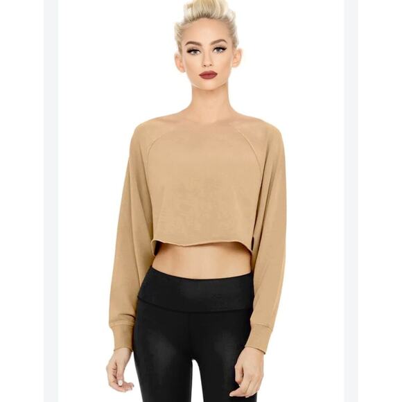 Alo Yoga Tan Go Washed and Worn Long Sleeve Boat Neck Boxy Crop Sweatshirt L - Picture 12 of 12